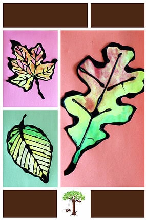 Fall leaves art project examples of black glue resist art autumn leaves painted with watercolors for striking color effects.