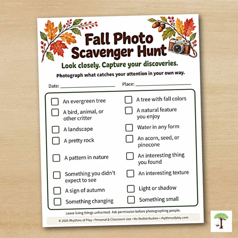 Fall Photo Scavenger Hunt printable with sixteen text-only photography prompts.
