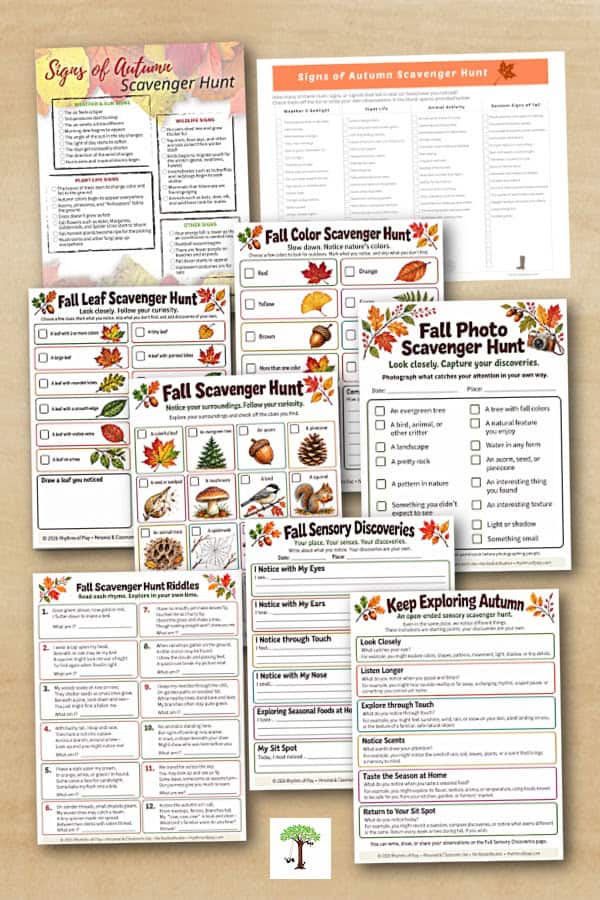 Fall scavenger hunt ideas and activities with autumn-themed outdoor fun for kids (toddlers and preschoolers) and adults