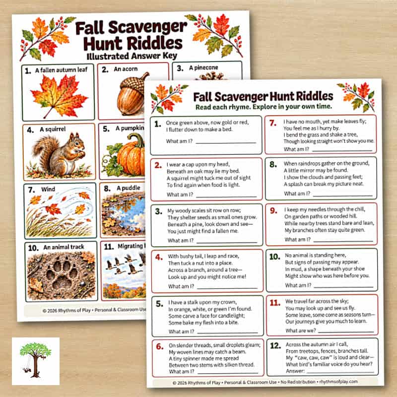 Fall Scavenger Hunt Riddles printable with twelve rhyming clues, answer lines, and a separate illustrated answer key.