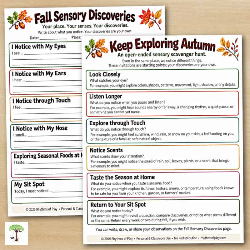 Fall sensory scavenger hunt printable preview showing Keep Exploring Autumn invitations and a Fall Sensory Discoveries observation page.