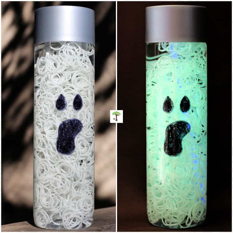 Photos of glow-in-the dark ghost Halloween sensory bottle in daylight and glowing at night.