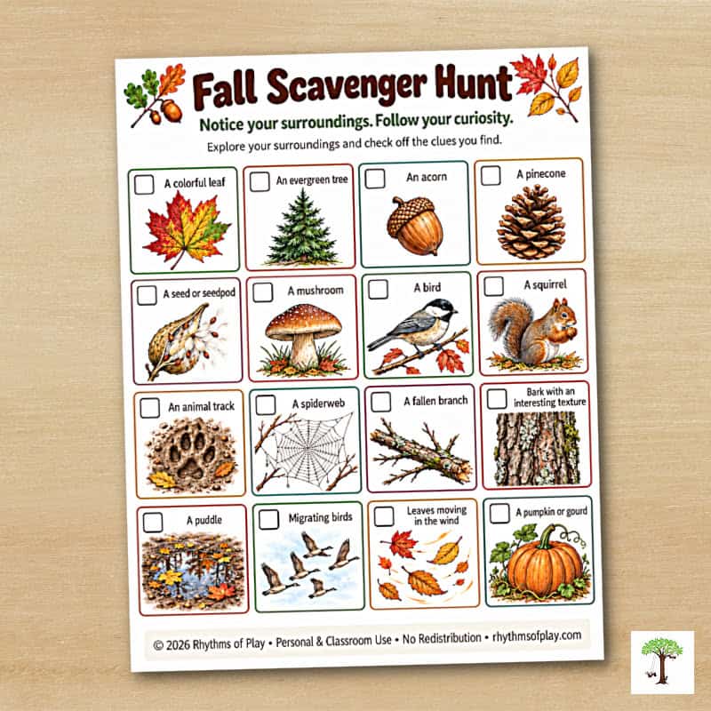 Fall scavenger hunt printable outdoor activity featuring 16 illustrated nature clues.