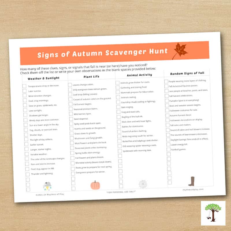 Signs of Autumn nature scavenger hunt printable checklist with seasonal clues about light, weather, plants, and wildlife.