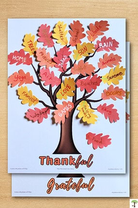 Printable thankful tree and gratitude tree decorated with autumn colored leaves