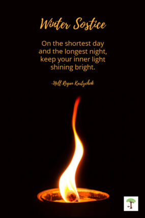 Candle flame with winter solstice quote or poem "On the shortest day and the longest night, keep your inner light shining bright." Winter solstice poem by Nell Regan Kartychok founder of Rhythms of Play