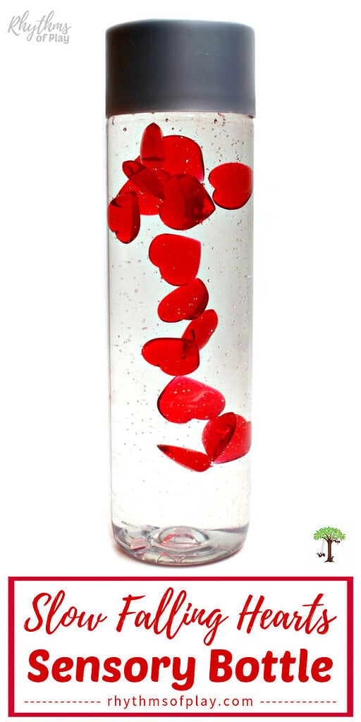 Sensory bottle toy filled with hearts for Valentine's Day, Mother's Day and more!