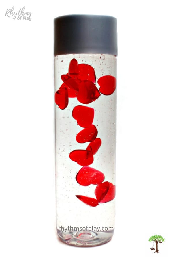 Heart discovery jar sensory play toy and meditation aid for kids.