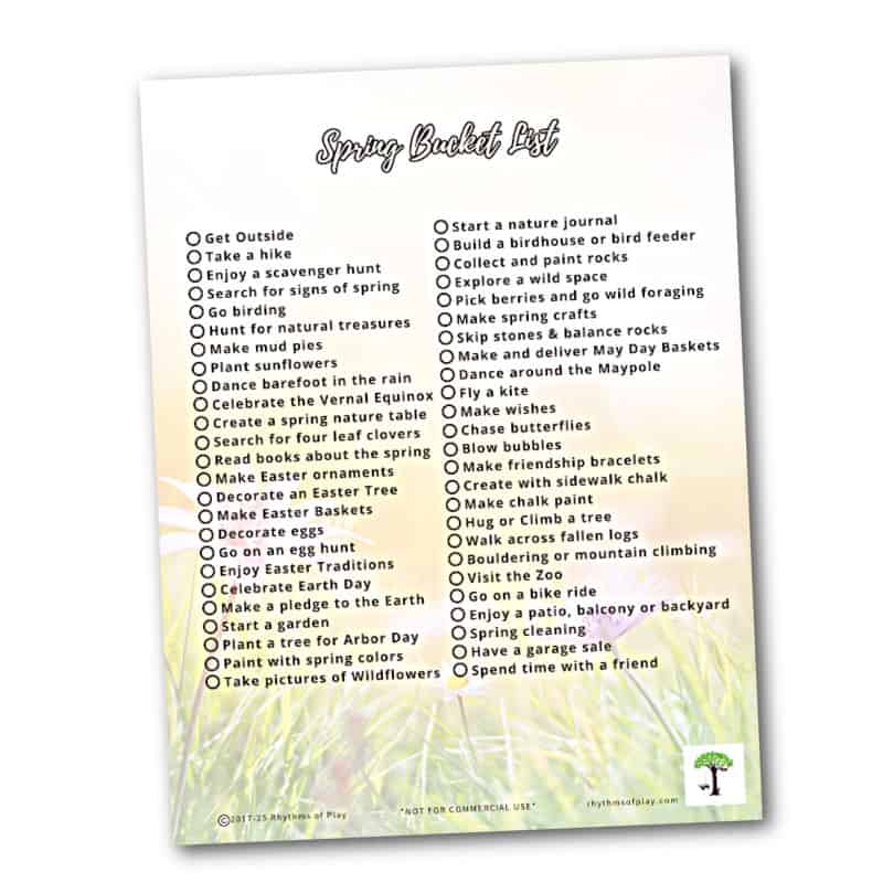 photo of spring bucket list printable (list of spring activities for kids and adults)