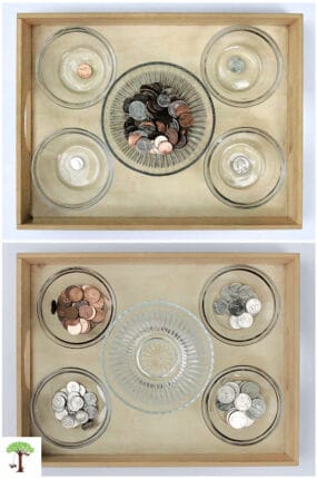 How to start coin sorting activity in the top photo and coins in their finishing positions in the bottom picture.