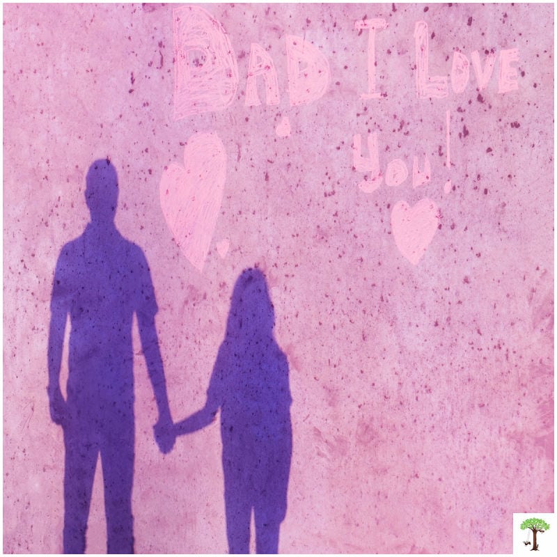 Sidewalk chalk art with shadow portrait photograph of daughter and her dad on top of the pink chalk paint and sidewalk chalk heart and message, "I love you dad."