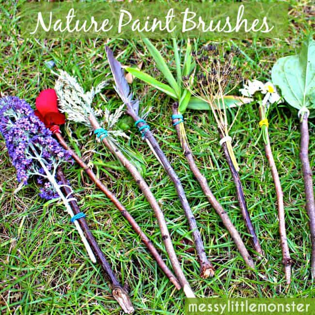 Nature paint brushes made with stick and other natural materials.