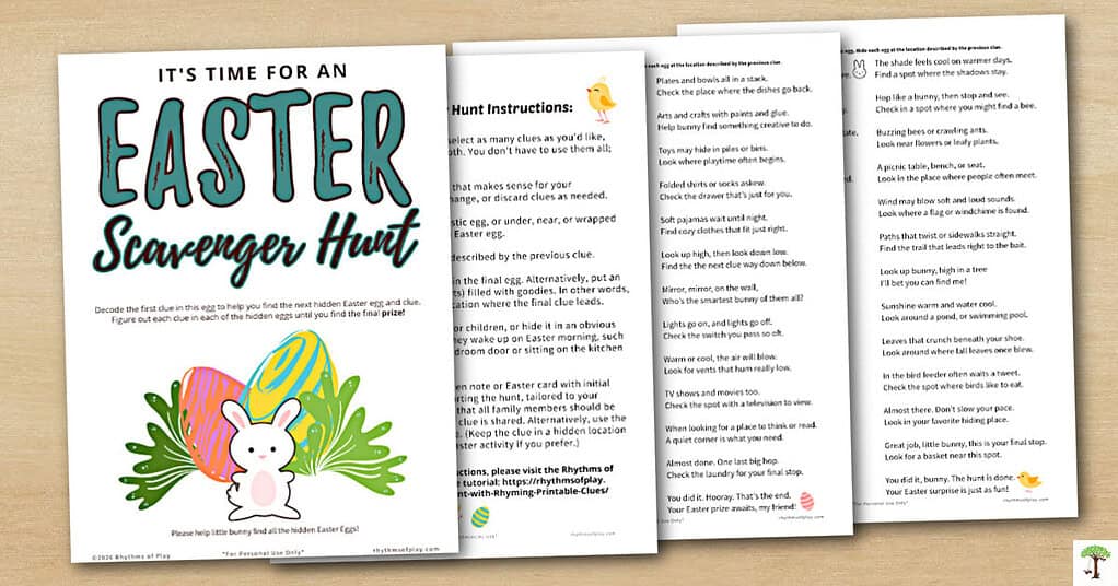 Printable clues for Easter Scavenger Hunt on a table.