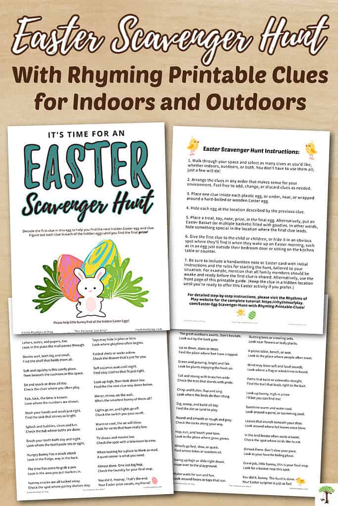 Photograph of printable Easter scavenger hunt clues for indoors and outdoors.