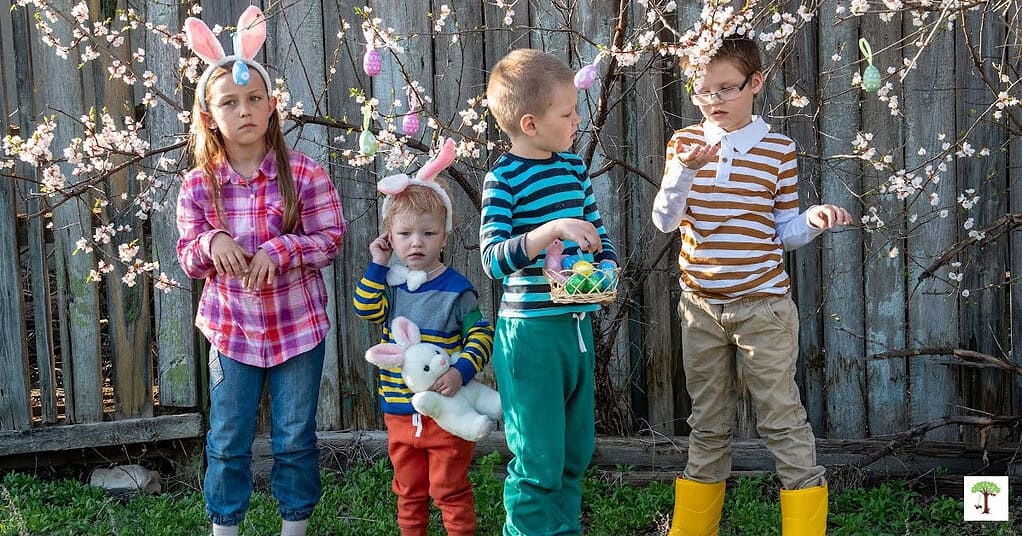 Children getting ready for an Easter egg scavenger hunt activity on Easter morning.