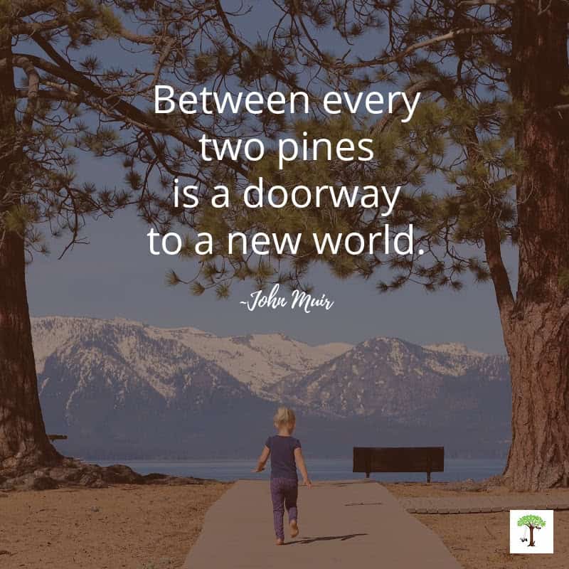 Child (Charlize Kartychok) walking through two large pines towards lake tahoe and the snow capped mountains behind it with quote, "Between every two pines is a doorway to a new world."--John Muir (Photograph by Nell Regan Kartychok)