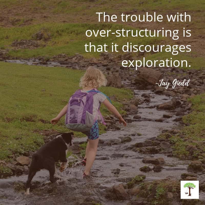 Child exploring nature walking through a stream with her dog following behind with quote, "The trouble with over-structuring is that is discourages exploration." -Jay Giedd (Photo of Charlize Kartychok by Nell Regan Kartychok)